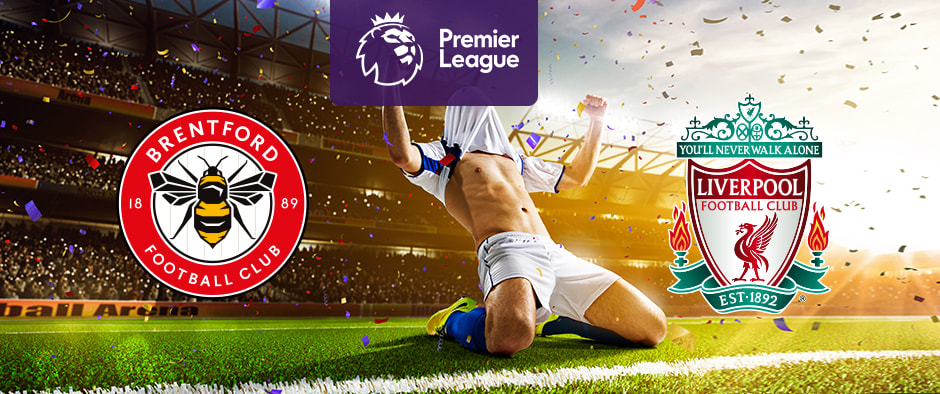 The image features the logos of two Premier League football teams. On the left is Brentford's logo, which features a bee with the club's name and year of establishment (1889) encircling it on a red and white badge. On the right is Liverpool's logo, displaying a liver bird and the club's name, along with the motto "You'll Never Walk Alone" above it. The logo includes the year of foundation (1892) and decorative details. Above the logos in the centre is the Premier League logo with a stylised lion's head and the words "Premier League" on a purple background. In the centre of the image, a football player is celebrating on the pitch. The background shows a stadium filled with cheering fans, confetti, and dramatic lighting, creating an atmosphere of excitement and celebration.