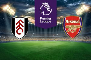 The image features two Premier League football team logos on a football pitch. On the left is Fulham's logo, with the letters