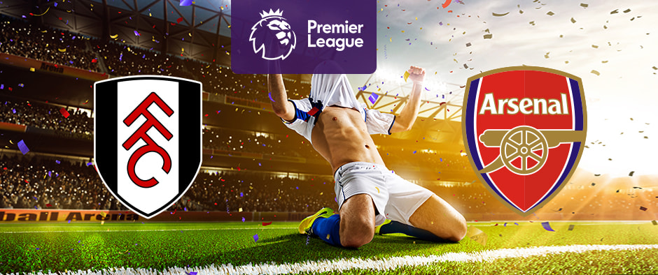 The image features the logos of two Premier League football teams. On the left is Fulham's logo with the letters "FFC" in red on a white shield with a black border. On the right is Arsenal's logo, featuring a cannon on a red and gold shield with the word "Arsenal." Above, the Premier League logo is displayed with a stylised lion's head on a purple background. In the centre, a football player is celebrating on the pitch. The background shows a stadium filled with cheering fans, confetti, and dramatic lighting, creating an atmosphere of excitement and celebration.