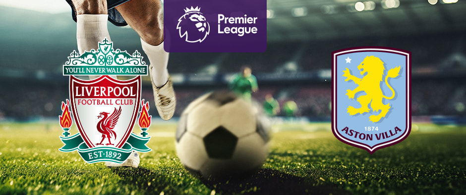 The image features logos of two Premier League football teams. On the left is Liverpool's logo with "You'll Never Walk Alone" above it. On the right is Aston Villa's logo with a lion and the year 1874.Above the logos is the Premier League logo with a lion's head and "Premier League" on a purple background. In the background, a stadium is visible with players and a football in between the logos, creating an atmosphere of anticipation.