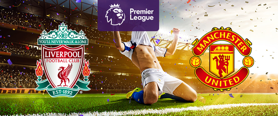 The image features the logos of two Premier League football teams. On the left is Liverpool's logo, showcasing a liver bird and the club's motto "You'll Never Walk Alone" above it. On the right is Manchester United's logo, featuring a red devil and a ship, with the club's name encircling it. Above, the Premier League logo is displayed with a stylised lion's head on a purple background. In the centre, a football player is celebrating on the pitch. The background shows a stadium filled with cheering fans, confetti, and dramatic lighting, creating an atmosphere of excitement and celebration.