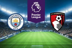 The image features the logos of two Premier League football teams. On the left is Manchester City's logo with a ship and a red rose. On the right is AFC Bournemouth's logo with a football and a player heading it. Above the logos is the Premier League logo with a lion's head and "Premier League" on a purple background. The background shows a brightly lit stadium filled with spectators, creating an atmosphere of excitement and anticipation.