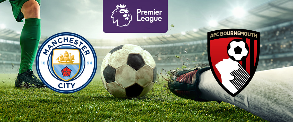 The image features the logos of two Premier League football teams. On the left is Manchester City's logo with a ship and a red rose. On the right is AFC Bournemouth's logo with a football and a player heading it. Above the logos is the Premier League logo with a lion's head and "Premier League" on a purple background. The background shows a stadium with players and a football in between the logos, creating an atmosphere of excitement and anticipation.