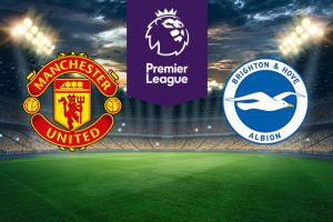 The image features two Premier League football team logos on a football pitch. On the left is Manchester United's logo, showcasing a red devil and a ship, with the club's name encircling it. On the right is Brighton & Hove Albion's logo, which features a white seagull flying across a blue and white circular badge with the club's name around the edge. In the centre is the Premier League logo with a stylised lion's head and the words "Premier League" on a purple stripe. The background shows a stadium with bright lights and a dramatic sky, creating an atmosphere of anticipation and excitement.