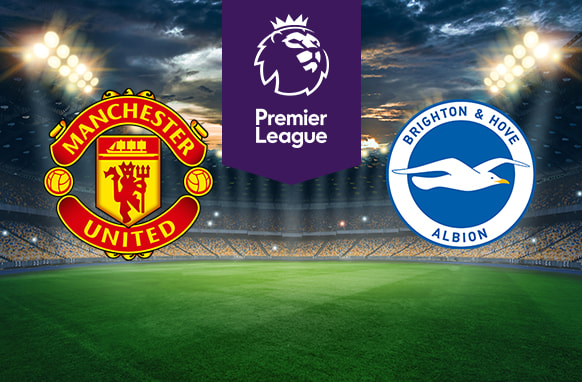 The image features two Premier League football team logos on a football pitch. On the left is Manchester United's logo, showcasing a red devil and a ship, with the club's name encircling it. On the right is Brighton & Hove Albion's logo, which features a white seagull flying across a blue and white circular badge with the club's name around the edge. In the centre is the Premier League logo with a stylised lion's head and the words "Premier League" on a purple stripe. The background shows a stadium with bright lights and a dramatic sky, creating an atmosphere of anticipation and excitement.