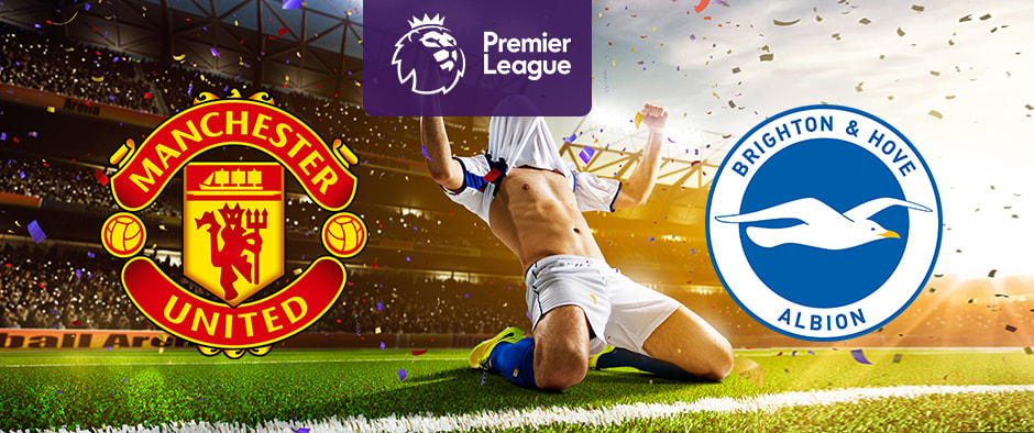  The image features the logos of two Premier League football teams. On the left is Manchester United's logo, displaying a red devil and a ship, with the club's name encircling it. On the right is Brighton & Hove Albion's logo, which features a white seagull flying across a blue and white circular badge with the club's name around the edge. Above, the Premier League logo is displayed with a stylised lion's head on a purple background. In the centre, a football player is celebrating on the pitch. The background shows a stadium filled with cheering fans, confetti, and dramatic lighting, creating an atmosphere of excitement and celebration.