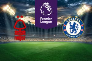 The image features two Premier League football team logos on a football pitch. On the left is Nottingham Forest's logo with a red tree and wavy lines, and the word