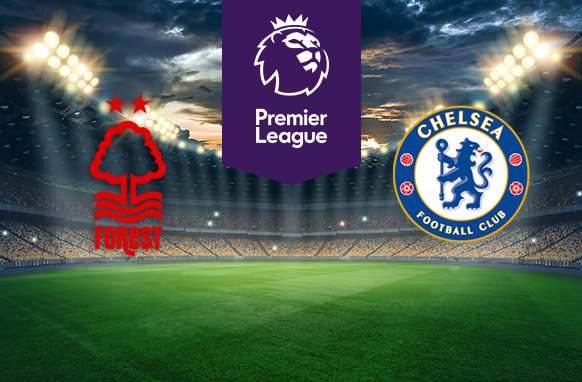 The image features two Premier League football team logos on a football pitch. On the left is Nottingham Forest's logo with a red tree and wavy lines, and the word "FOREST" below. On the right is Chelsea's logo with a blue lion and the club's name in a circular emblem. In the centre is the Premier League logo, showing a stylised lion's head and "Premier League" on a purple stripe. The background is a stadium with bright lights and a dramatic sky, creating an atmosphere of anticipation and excitement.
