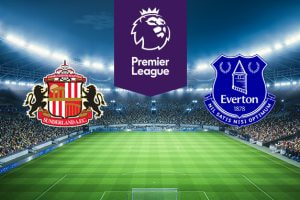 The image features the logos of two Premier League football teams. On the left is Sunderland A.F.C.'s logo with a crest and two lions. On the right is Everton's logo with a tower and the year 1878. Above the logos is the Premier League logo with a lion's head and 