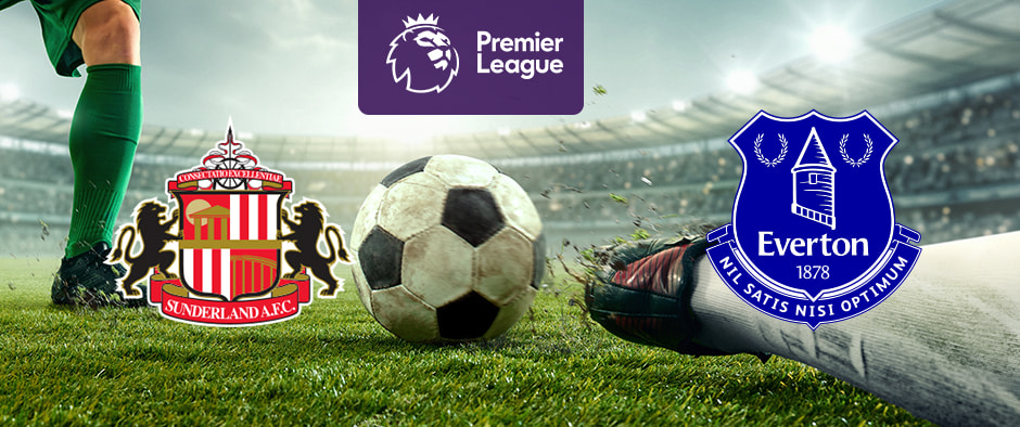 The image features the logos of two Premier League football teams. On the left is Sunderland A.F.C.'s logo with a crest and two lions. On the right is Everton's logo with a tower and the year 1878. Above the logos is the Premier League logo with a lion's head and "Premier League" on a purple background. The background shows a stadium with players and a football in between the logos, creating an atmosphere of excitement and anticipation.