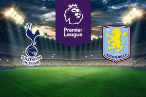 The image features two Premier League football team logos on a football pitch. On the left is Tottenham Hotspur's logo, which shows a cockerel standing on a football above the club's name. On the right is Aston Villa's logo, featuring a yellow lion rampant and the club's name on a light blue shield. In the centre is the Premier League logo with a stylised lion's head and the words