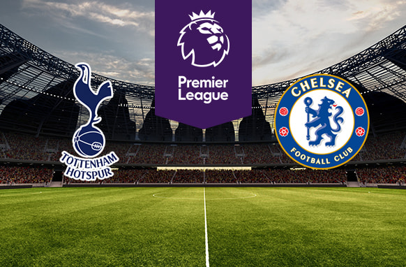 The image features the logos of two Premier League football teams on a football pitch. On the left is Tottenham Hotspur's logo, which features a cockerel standing on a football with the club's name below it. On the right is Chelsea's logo, displaying a circular crest with a lion holding a staff in the centre, surrounded by symbols including roses and the club's name, "Chelsea Football Club." Above the logos in the centre is the Premier League logo with a stylised lion's head and the words "Premier League" on a purple background. The background shows a stadium filled with seats and stadium lights, creating an atmosphere of anticipation and excitement as if awaiting a match.