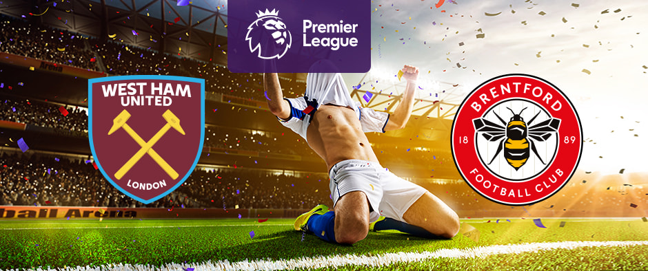 The image features the logos of two Premier League football teams. On the left is West Ham United's logo, displaying crossed hammers on a claret shield with the club's name and "London" beneath it. On the right is Brentford's logo, featuring a bee with the club's name and year of establishment (1889) encircling it on a red and white badge. Above, the Premier League logo is displayed with a stylised lion's head on a purple background. In the centre, a football player is celebrating on the pitch. The background shows a stadium filled with cheering fans, confetti, and dramatic lighting, creating an atmosphere of excitement and celebration.