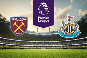 The image features the logos of two Premier League football teams. On the left is West Ham United's logo with crossed hammers. On the right is Newcastle United's logo featuring seahorses and a lion. Above the logos is the Premier League logo with a lion's head and "Premier League" on a purple background. The background shows a stadium filled with spectators, creating an atmosphere of anticipation.