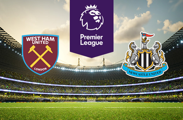 The image features the logos of two Premier League football teams. On the left is West Ham United's logo with crossed hammers. On the right is Newcastle United's logo featuring seahorses and a lion. Above the logos is the Premier League logo with a lion's head and "Premier League" on a purple background. The background shows a stadium filled with spectators, creating an atmosphere of anticipation.