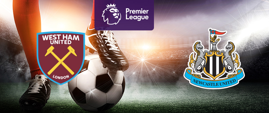 The image features the logos of two Premier League football teams. On the left is West Ham United's logo with crossed hammers. On the right is Newcastle United's logo featuring seahorses and a lion. Above the logos is the Premier League logo with a lion's head and "Premier League" on a purple background. In the centre, a player is touching a football, creating a dynamic and anticipatory atmosphere in the stadium backdrop.