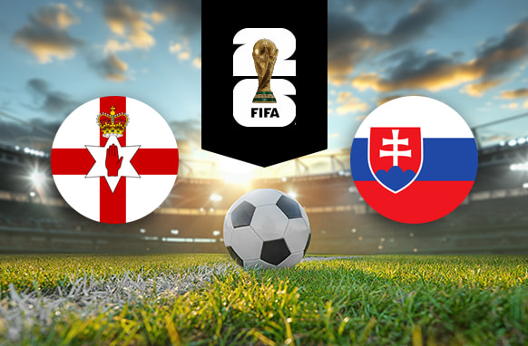 The image features two national football team logos on a football pitch. On the left, there is the flag of Northern Ireland, featuring a red cross with a white hand and a crown positioned in the centre on a white background. On the right, there is the flag of Slovakia, consisting of white, blue, and red horizontal stripes with a red shield containing a white cross and three blue hills on the left side. In the centre of the image, there is a football placed on the grass. Above the football, there is the FIFA World Cup logo with the FIFA trophy enclosed in a black vertical stripe, symbolising the tournament. The background depicts a stadium with dramatic lighting and a picturesque sky with clouds, creating an atmosphere of anticipation and excitement.