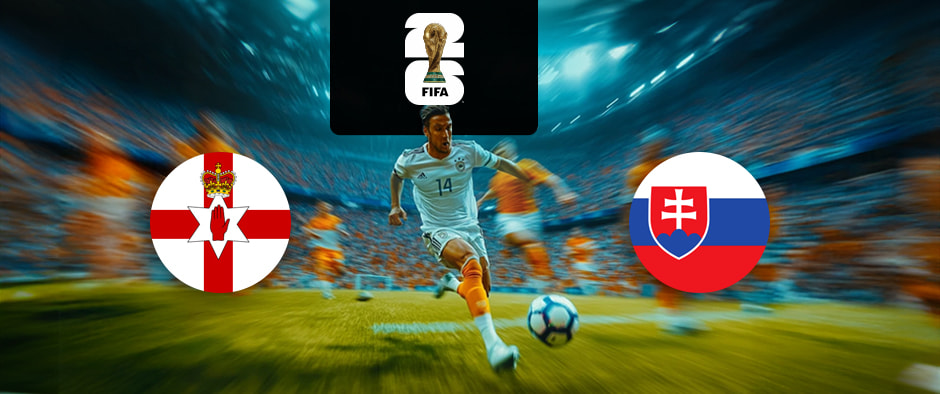 The image features two national football team logos on either side of a dynamic football scene. On the left, there is the flag of Northern Ireland, featuring a red cross with a white hand and a crown positioned in the centre on a white background. On the right, there is the flag of Slovakia, consisting of white, blue, and red horizontal stripes with a red shield containing a white cross and three blue hills on the left side. In the centre of the image, a football player is in action, running and dribbling the ball on the pitch. Above the player, there is the FIFA World Cup logo with the FIFA trophy enclosed in a black vertical stripe, symbolising the tournament. The background shows a stadium packed with spectators, with motion blur creating a sense of speed and intensity, adding to the excitement and high energy of the scene