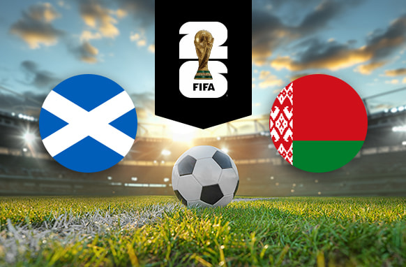 The image features two national football team logos on a football pitch. On the left, there is the flag of Scotland, featuring a white Saint Andrew's cross on a blue background. On the right, there is the flag of Belarus, consisting of a red and green horizontal field with a white and red traditional Belarusian pattern on the left. In the centre of the image, there is a football placed on the grass. Above the football, there is the FIFA World Cup logo with the FIFA trophy enclosed in a black vertical stripe, symbolising the tournament. The background depicts a stadium with dramatic lighting and a picturesque sky with scattered clouds, creating an atmosphere of anticipation and excitement.