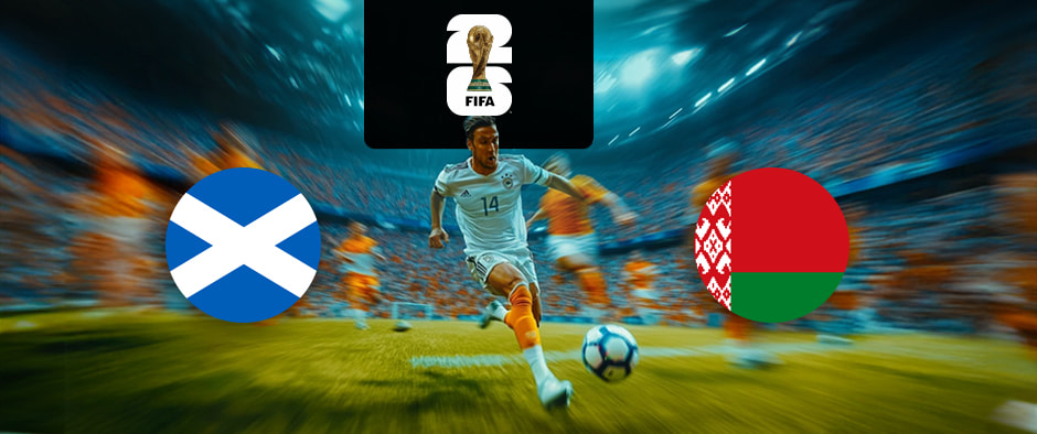 The image depicts two national football team logos on either side of a dynamic football scene. On the left, there is the flag of Scotland, featuring a white Saint Andrew's cross on a blue background. On the right, there is the flag of Belarus, consisting of a red and green horizontal field with a white and red traditional Belarusian pattern on the left. In the centre of the image, a football player is in action, running and dribbling the ball on the pitch. Above this scene is the FIFA World Cup logo with the FIFA trophy enclosed in a black vertical stripe, symbolising the tournament. The background shows a stadium filled with spectators, with motion blur creating a sense of speed and intensity, conveying excitement and high energy.