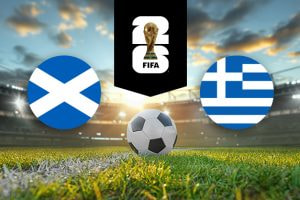 The image showcases two national football team logos on a football pitch. On the left, there is the flag of Scotland featuring a white Saint Andrew's cross on a blue background. On the right, there is the flag of Greece, consisting of blue and white stripes with a white cross on a blue square in the top-left corner. In the centre of the image, there is a football placed on the grass. Above the football, there is the FIFA World Cup logo with the FIFA trophy enclosed in a black vertical stripe, symbolising the tournament. The background depicts a stadium filled with dramatic lighting and a picturesque sky with scattered clouds.
