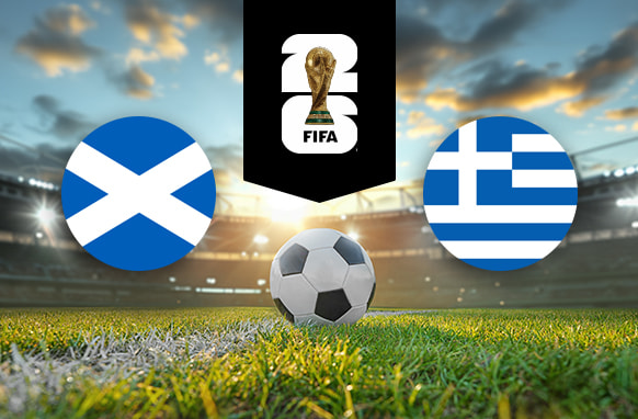 The image showcases two national football team logos on a football pitch. On the left, there is the flag of Scotland featuring a white Saint Andrew's cross on a blue background. On the right, there is the flag of Greece, consisting of blue and white stripes with a white cross on a blue square in the top-left corner. In the centre of the image, there is a football placed on the grass. Above the football, there is the FIFA World Cup logo with the FIFA trophy enclosed in a black vertical stripe, symbolising the tournament. The background depicts a stadium filled with dramatic lighting and a picturesque sky with scattered clouds.
