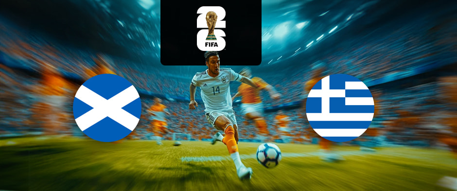 The image portrays two national football team logos on either side of a dynamic football scene. On the left, there is the flag of Scotland featuring a white Saint Andrew's cross on a blue background. On the right, there is the flag of Greece, consisting of blue and white stripes with a white cross on a blue square in the top-left corner. In the centre of the image, there is a football player in action, running and dribbling the ball on the pitch. Above this scene, there is the FIFA World Cup logo with the FIFA trophy enclosed in a black vertical stripe, symbolising the tournament. The background depicts a stadium packed with spectators, with motion blur creating a sense of speed and intensity. The overall atmosphere is one of excitement and high energy.