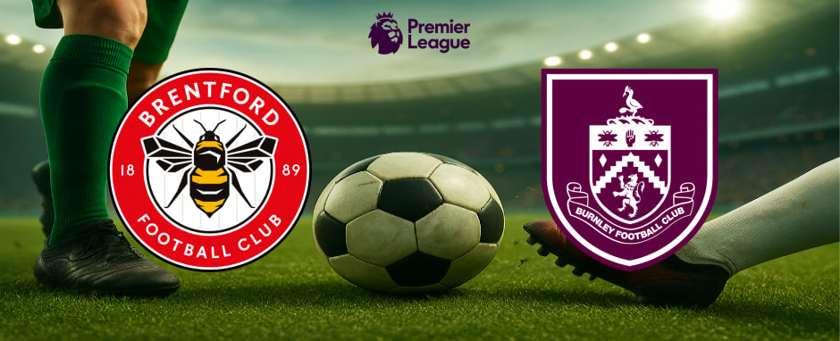 The image depicts the anticipation of a Premier League match between two football clubs. On the left is the logo of Brentford Football Club, featuring a detailed bee at its centre within a red and white circular emblem, also showing the year 1889. On the right is the logo of Burnley Football Club, showcasing a shield adorned with club symbols including a stork and a lion, rendered in purple and white. Above the logos sits the Premier League insignia, which includes a crowned lion's head and the words "Premier League." The backdrop illustrates the intense atmosphere of the match with the pitch in focus, featuring a football and players' legs, engulfed in the energetic ambiance of a floodlit stadium.