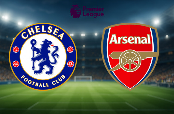 A vibrant illustration displaying the crests of two English Premier League football clubs, Chelsea F.C. and Arsenal F.C. Chelsea's logo, featuring a blue lion holding a staff and surrounded by red roses on a circular blue background with the words "Chelsea Football Club," is positioned on the left. On the right, Arsenal's emblem showcases a red shield with a gold cannon and the name "Arsenal" at the top in white letters. Both logos are set against the backdrop of a floodlit football stadium, with the Premier League logo and text prominently displayed at the top centre.