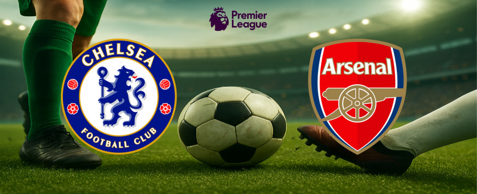 A vibrant illustration displaying the crests of two English Premier League football clubs, Chelsea F.C. and Arsenal F.C. Chelsea's logo, featuring a blue lion holding a staff and surrounded by red roses on a circular blue background with the words "Chelsea Football Club," is positioned on the left. On the right, Arsenal's emblem showcases a red shield with a gold cannon and the name "Arsenal" at the top in white letters. Between the logos, a large football is placed on the ground with players' legs from both teams visible, ready to kick off. This scene is set against the backdrop of a floodlit football stadium, with the Premier League logo and text prominently displayed at the top centre.