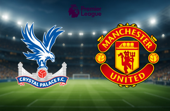 A vibrant illustration displaying the crests of two English Premier League football clubs, Crystal Palace F.C. and Manchester United. Crystal Palace's logo, featuring a blue eagle perched on a football above a stylised image of the Crystal Palace, is positioned on the left. On the right, Manchester United's emblem showcases a red and yellow shield with a ship and a devil holding a trident, surrounded by the club's name. Both logos are set against the backdrop of a floodlit football stadium, with the Premier League logo and text prominently displayed at the top centre.