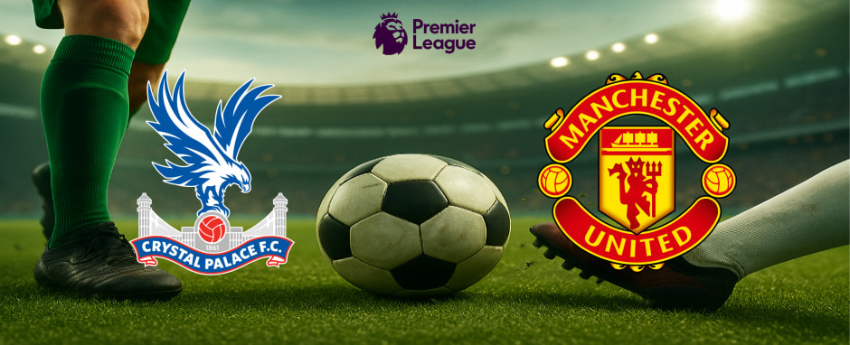 A vibrant illustration displaying the crests of two English Premier League football clubs, Crystal Palace F.C. and Manchester United. Crystal Palace's logo, featuring a blue eagle perched on a football above a stylised image of the Crystal Palace, is positioned on the left. On the right, Manchester United's emblem showcases a red and yellow shield with a ship and a devil holding a trident, surrounded by the club's name. Between the logos, a large football is placed on the ground with players' legs from both teams visible, ready to kick off. This scene is set against the backdrop of a floodlit football stadium, with the Premier League logo and text prominently displayed at the top centre.