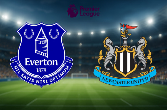 The image displays the logos of two football clubs gearing up for a Premier League match. On the left is Everton Football Club's emblem, featuring a blue shield with laurel wreaths, a tower, the club's name, and the year 1878, along with the motto "Nil Satis Nisi Optimum" in a blue banner at the bottom. On the right is the Newcastle United Football Club logo, which features a shield with black and white stripes, supported by two seahorses, and a castle at the top, with the club's name displayed in a blue banner. Above the logos is the Premier League emblem, depicting a crowned lion's head with the text "Premier League." The background shows a brightly lit football stadium, setting an energetic and exciting stage for the forthcoming match.