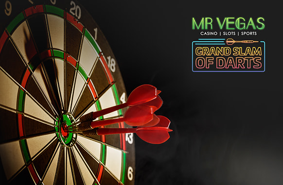 The image features a dartboard with a cluster of red darts hitting the bullseye, indicating a successful throw. To the right of the dartboard, there are logos for "Mr Vegas Casino, Slots, Sports" and "Grand Slam of Darts." The background is dark, which highlights the vibrant colors of the dartboard and logos, creating an atmosphere of focus and precision in the game of darts.
