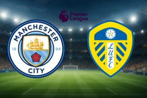 The image features the logos of two football clubs preparing for a Premier League match. On the left is the logo of Manchester City Football Club, which includes a shield with a golden ship above blue waves, a red rose, and the year 1894, all encircled by the club's name. On the right is the logo of Leeds United Football Club, displaying a blue and yellow shield with a white rose at the top and the initials 