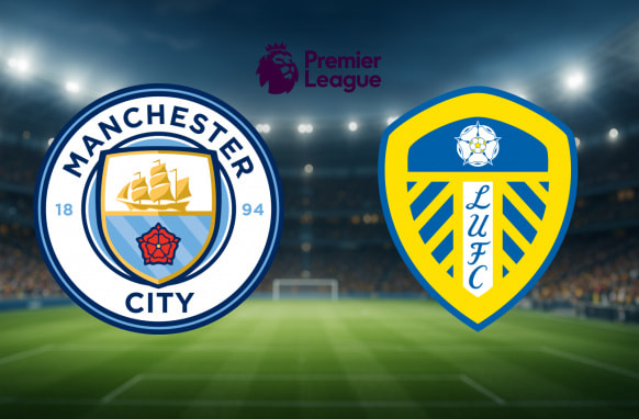 The image features the logos of two football clubs preparing for a Premier League match. On the left is the logo of Manchester City Football Club, which includes a shield with a golden ship above blue waves, a red rose, and the year 1894, all encircled by the club's name. On the right is the logo of Leeds United Football Club, displaying a blue and yellow shield with a white rose at the top and the initials "LUFC" in the centre. Above the logos is the Premier League emblem, featuring a crowned lion's head alongside the text "Premier League." The background shows a well-lit football stadium with a pitch, invoking the lively and invigorating atmosphere typical of a Premier League match.