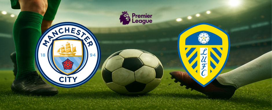 The image displays the logos of two football clubs set to compete in a Premier League match. On the left is the emblem of Manchester City Football Club, featuring a shield with a golden ship above blue waves, a red rose, and the year 1894, surrounded by the club's name in blue. On the right is the logo of Leeds United Football Club, showing a blue and yellow shield with a white rose at the top and the initials "LUFC" in the centre. Above the logos is the Premier League emblem, which portrays a crowned lion's head and the words "Premier League." The backdrop depicts a football pitch, complete with a ball and players' legs, framed by the energised atmosphere of a brightly lit stadium, accentuating the excitement and competition of the game.