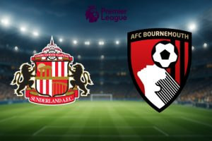 The image features the logos of two football clubs ready for a Premier League match. On the left is Sunderland A.F.C.'s emblem, which includes a shield with red and white stripes, intricate designs, and two lions on either side, with the club's name at the bottom in a red banner. On the right is the AFC Bournemouth logo, which displays a red and black shield with a stylised image of a football and a player heading the ball, along with the club's name at the top. Above both logos is the Premier League emblem, featuring a crowned lion's head and the words 