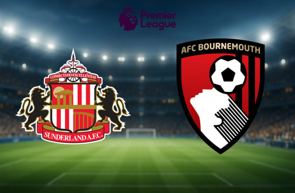 The image features the logos of two football clubs ready for a Premier League match. On the left is Sunderland A.F.C.'s emblem, which includes a shield with red and white stripes, intricate designs, and two lions on either side, with the club's name at the bottom in a red banner. On the right is the AFC Bournemouth logo, which displays a red and black shield with a stylised image of a football and a player heading the ball, along with the club's name at the top. Above both logos is the Premier League emblem, featuring a crowned lion's head and the words "Premier League." The background shows a fully lit football stadium, highlighting the pitch, and enhancing the anticipation and energy for the forthcoming match.