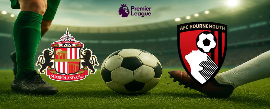 The image showcases the logos of two football clubs set to clash in a Premier League match. On the left is the emblem of Sunderland A.F.C., featuring a shield with red and white stripes, detailed architecture, and two lions on either side, with the club's name displayed in a red banner at the bottom. On the right is the logo of AFC Bournemouth, which presents a red and black shield with a stylised football design and a player heading the ball, alongside the club's name at the top. Above both logos is the Premier League emblem, which includes a crowned lion's head and the words "Premier League." The backdrop features a football pitch with a centrally placed ball and players' legs, captured in the vibrant and energetic environment of a floodlit stadium, enhancing the anticipation for the match.