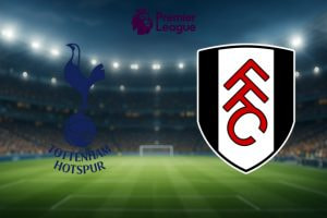The image depicts the logos of two football clubs about to compete in a Premier League match. On the left is the emblem of Tottenham Hotspur Football Club, featuring a blue cockerel standing on a football, with the club's name below it in blue. On the right is the Fulham Football Club logo, which showcases a black and white shield with the initials 