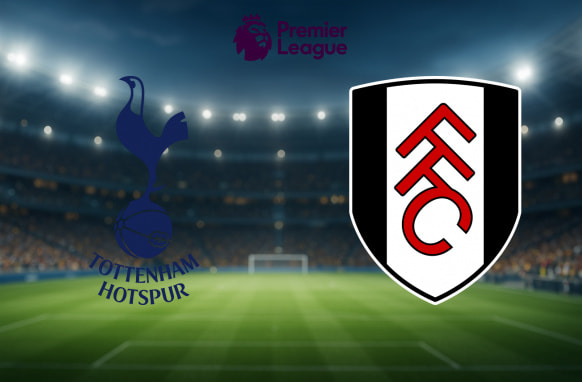 The image depicts the logos of two football clubs about to compete in a Premier League match. On the left is the emblem of Tottenham Hotspur Football Club, featuring a blue cockerel standing on a football, with the club's name below it in blue. On the right is the Fulham Football Club logo, which showcases a black and white shield with the initials "FFC" in red and white. Above the logos is the Premier League emblem, displaying a crowned lion's head and the words "Premier League." The background features a brightly lit football stadium, providing an atmospheric and energetic setting for the upcoming game.