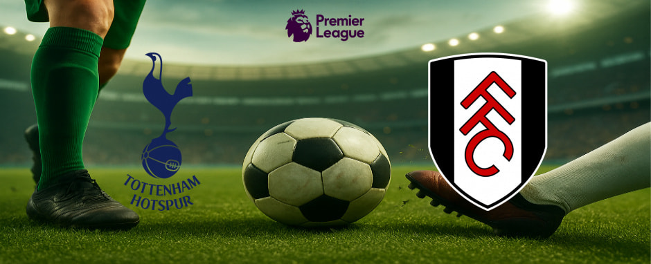 The image showcases the logos of two football clubs set to compete in a Premier League match. On the left is the emblem of Tottenham Hotspur Football Club, featuring a blue cockerel standing on a football, with the club's name below in blue text. On the right is the Fulham Football Club logo, which displays a black and white shield with the initials "FFC" in red and white. Above both logos is the Premier League emblem, depicting a crowned lion's head along with the words "Premier League." The backdrop features a vibrant football pitch with a ball in the centre and players' legs, all within a well-lit stadium atmosphere, capturing the excitement for the upcoming match.