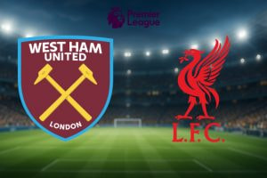 A vibrant illustration displaying the crests of two English Premier League football clubs, West Ham United and Liverpool F.C. West Ham United's logo, featuring a pair of crossed gold hammers on a maroon shield with the words "West Ham United London," is positioned on the left. On the right, Liverpool's emblem showcases a stylised red liver bird with the initials "L.F.C." beneath it. Both logos are set against the backdrop of a floodlit football stadium, with the Premier League logo and text prominently displayed at the top centre.