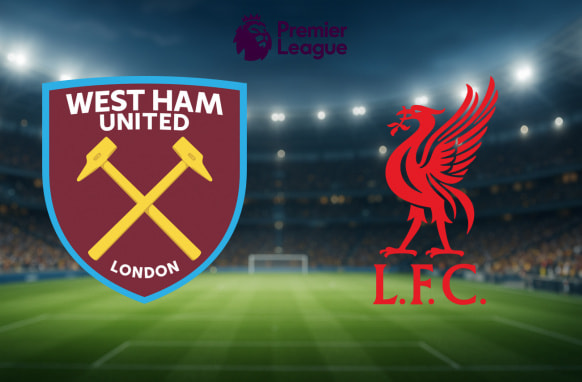 A vibrant illustration displaying the crests of two English Premier League football clubs, West Ham United and Liverpool F.C. West Ham United's logo, featuring a pair of crossed gold hammers on a maroon shield with the words "West Ham United London," is positioned on the left. On the right, Liverpool's emblem showcases a stylised red liver bird with the initials "L.F.C." beneath it. Both logos are set against the backdrop of a floodlit football stadium, with the Premier League logo and text prominently displayed at the top centre.