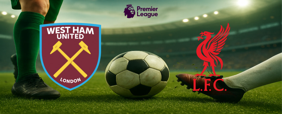 A vibrant illustration displaying the crests of two English Premier League football clubs, West Ham United and Liverpool F.C. West Ham United's logo, featuring a pair of crossed gold hammers on a maroon shield with the words "West Ham United London," is positioned on the left. On the right, Liverpool's emblem showcases a stylised red liver bird with the initials "L.F.C." beneath it. Between the logos, a large football is placed on the ground with players' legs from both teams visible, ready to kick off. This scene is set against the backdrop of a floodlit football stadium, with the Premier League logo and text prominently displayed at the top centre.