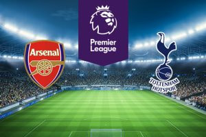 The image features logos representing two football clubs participating in a Premier League match. On the left is the logo of Arsenal, featuring a cannon and the club's name in red and gold. On the right is the logo of Tottenham Hotspur, featuring a cockerel standing on a football with the club's name beneath it. Above the logos is the Premier League logo, depicting a crowned lion's head with the text 