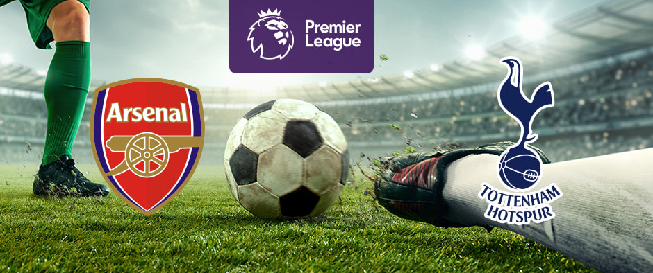The image showcases the logos of two football clubs involved in a Premier League match. On the left is the Arsenal logo, featuring a stylized cannon in gold and the club's name in bold red letters. On the right is the Tottenham Hotspur logo, depicting a cockerel perched atop a football with the club's name displayed below. Positioned above both logos is the Premier League emblem, highlighting a crowned lion's head with the text "Premier League" underneath. The backdrop captures an intense moment on the football pitch, focusing on a ball in play and players' legs, set within a packed and illuminated stadium that conveys the excitement and tension of the match.