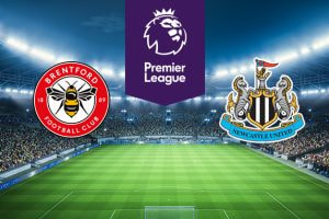 The image features the logos of two Premier League football teams. On the left is Brentford Football Club's logo with a bee. On the right is Newcastle United Football Club's logo with a pair of seahorses and a flag-topped shield. Above the logos is the Premier League logo with a lion's head and 