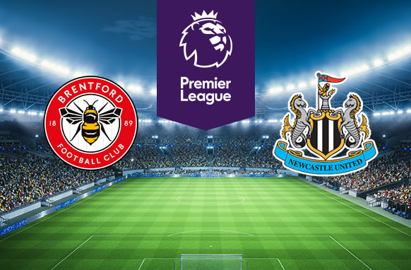 The image features the logos of two Premier League football teams. On the left is Brentford Football Club's logo with a bee. On the right is Newcastle United Football Club's logo with a pair of seahorses and a flag-topped shield. Above the logos is the Premier League logo with a lion's head and "Premier League" on a purple background. The background shows a brightly lit stadium filled with spectators, creating an atmosphere of excitement and anticipation.